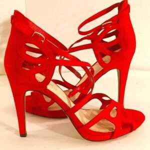 Eva Mendes Siren Red Faux Suede 4" Strappy Peep Toe Stiletto Heels Sz 8